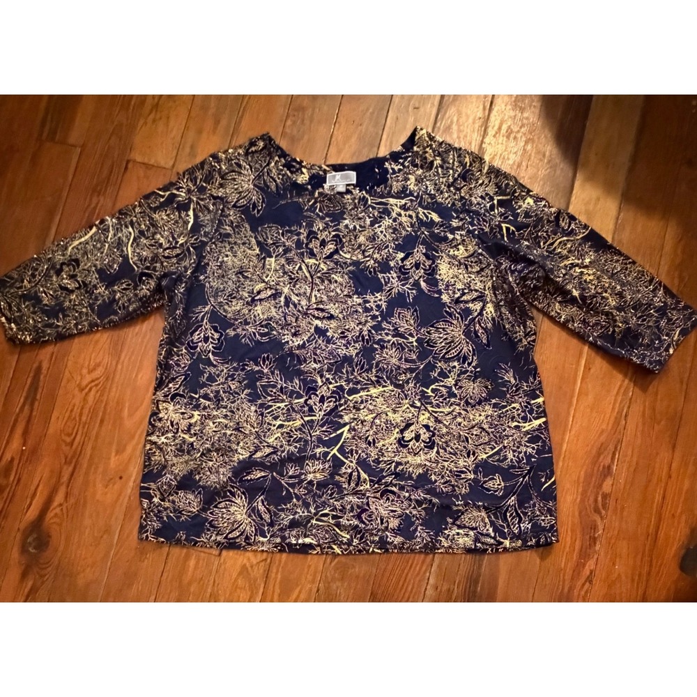 JM Collection Womens 3X Navy Blue Gold Metallic Floral Velvet Flocked Blouse Top